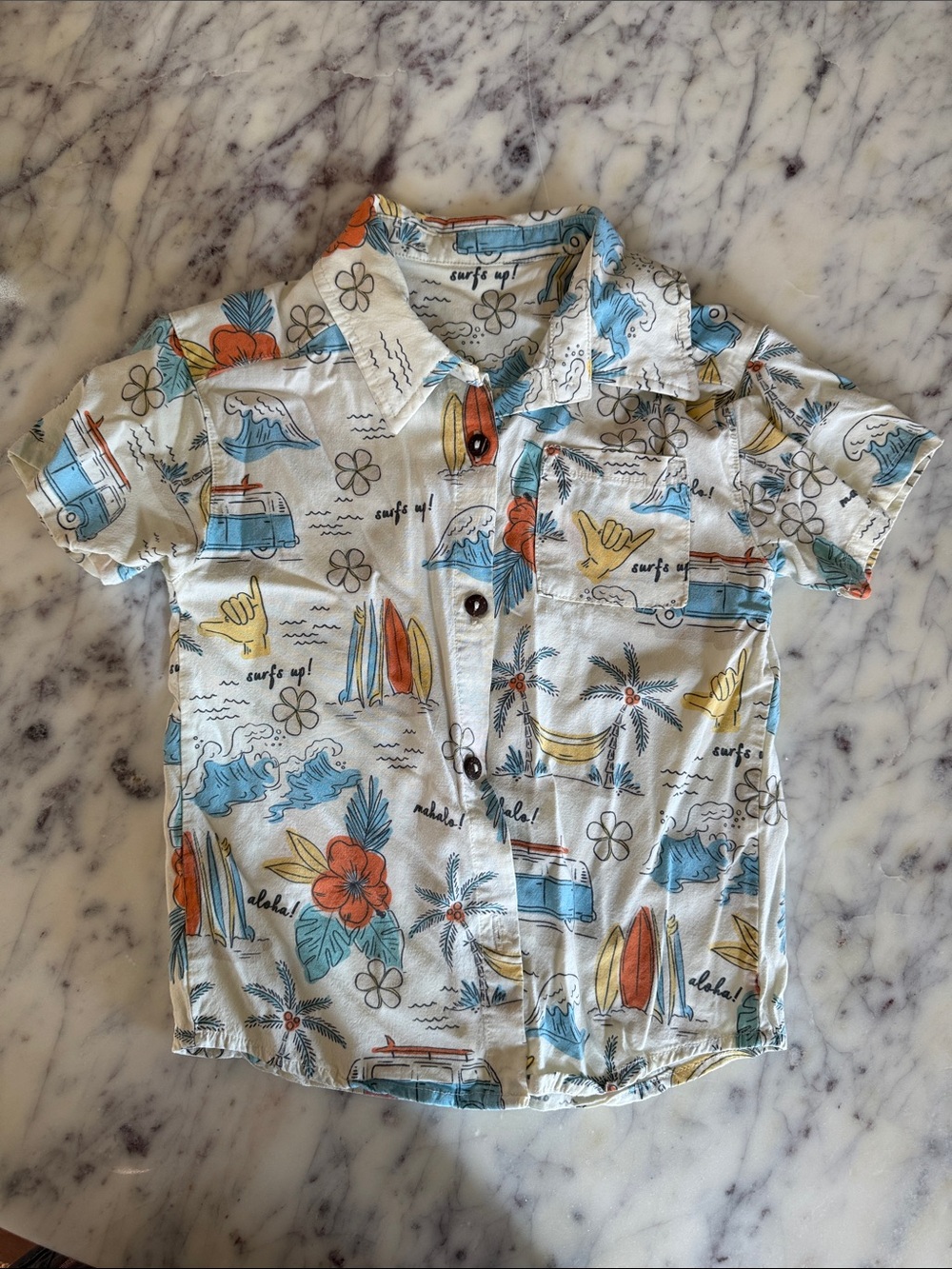 Chaser Kids’ Short-Sleeve Surf Print Button-Down Shirt - White, Blue & Orange